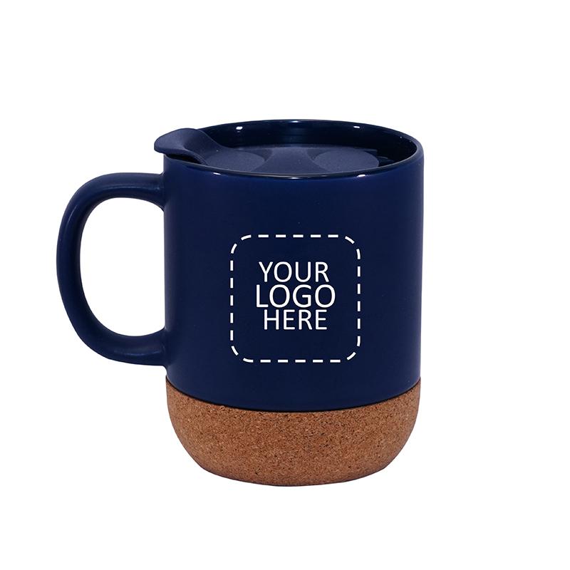 ceramic coffee mug with cork base blue with Logo